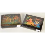 Two Russian lacquered boxes, one painted with The Swan Princess signed Halex 12.3X10cm the other,
