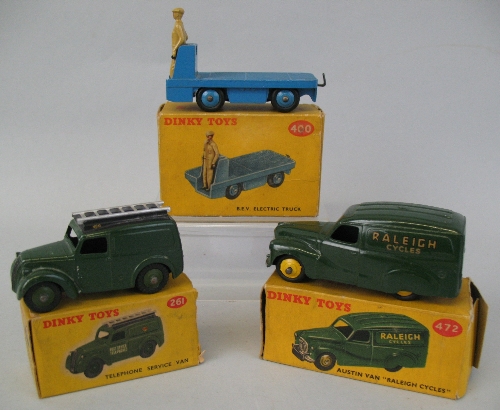 Dinky, Telephone Service Van no.261, BEV Electric Truck no.400 and Austin Van "Raleigh Cycles" no.