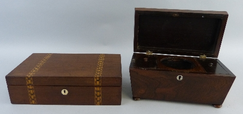 A 19th Century rosewood tea caddy, of sarcophagus form, the hinged lid opening to reveal a fitted