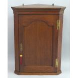 A 19th Century oak corner cupboard, wall hanging, having moulded cornice over arched panelled door