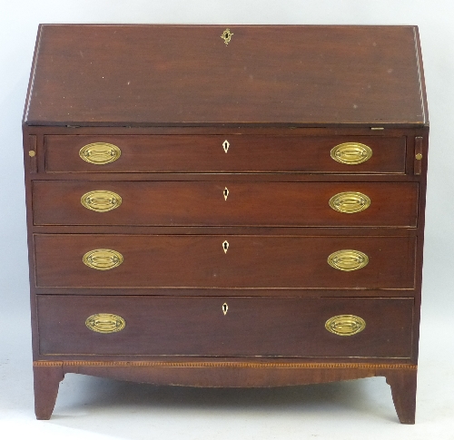 A 19th Century mahogany bureau, with satinwood banding, the fall front opening to reveal fitted