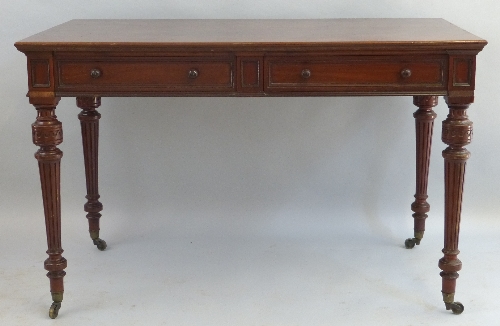 A 19th Century mahogany side table, the oblong moulded edged top having two panelled frieze drawers,