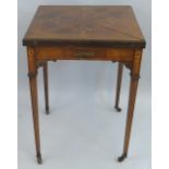 An Edwardian rosewood envelope card table, with satinwood stringing, the floral inlaid hinged four