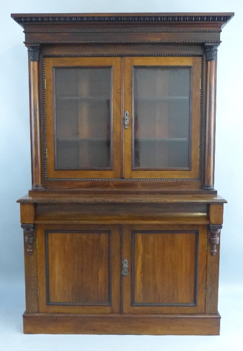 A 19th Century rosewood bookcase on cabinet, having egg and dart carved flared cornice over two