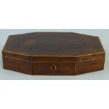 A 19th Century rosewood box, of octagonal form with boxwood edging, the hinged lid opening to reveal