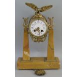 A French empire style marble portico clock, with brass eight day movement inscribed "Japy Freres"
