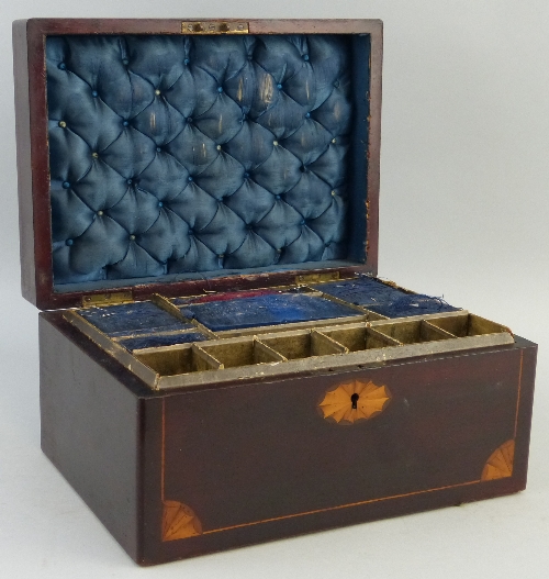 A Victorian mahogany work box, of oblong form, the front and hinged lid inlaid with bat wing