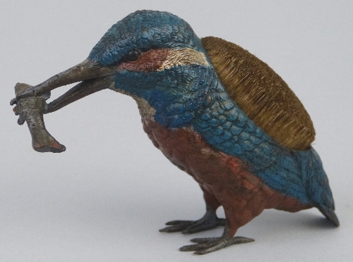 An Austrian cold painted bronze pen wipe figure of a kingfisher, with an inset brush to its back and