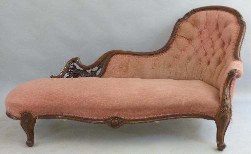 A Victorian mahogany framed chaise longue, having arched button upholstered back, upholstered arm