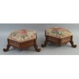 A pair of late 19th Century mahogany framed foot stools, hexagonal upholstered top on moulded frieze