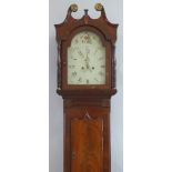 A longcase clock, the eight day movement having painted arched dial depicting flowers with date
