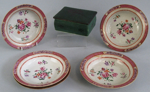 A set of five Chinese Famille Rose dishes, each enamelled to the centre with flowers and leaves