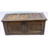 An 18th Century oak chest, the hinged lid with three panels, panelled sides and fascia carved with