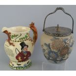 A Fieldings Crown Devon John Peel musical jug, moulded with hunting scenes and fox handle, 21cm high