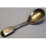 A Victorian caddy spoon, Fiddle pattern with pear shaped bowl, initialled, 12cm long, Newcastle