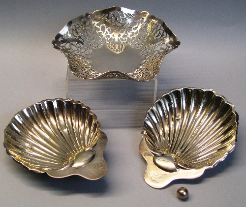 A bon bon dish, of hexagonal form with pierced fluted rim, 14cm wide, Sheffield 1963 and a pair of