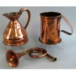 A Victorian seamed copper tankard, with strap work handle, 14cm high, a copper one pint harvest