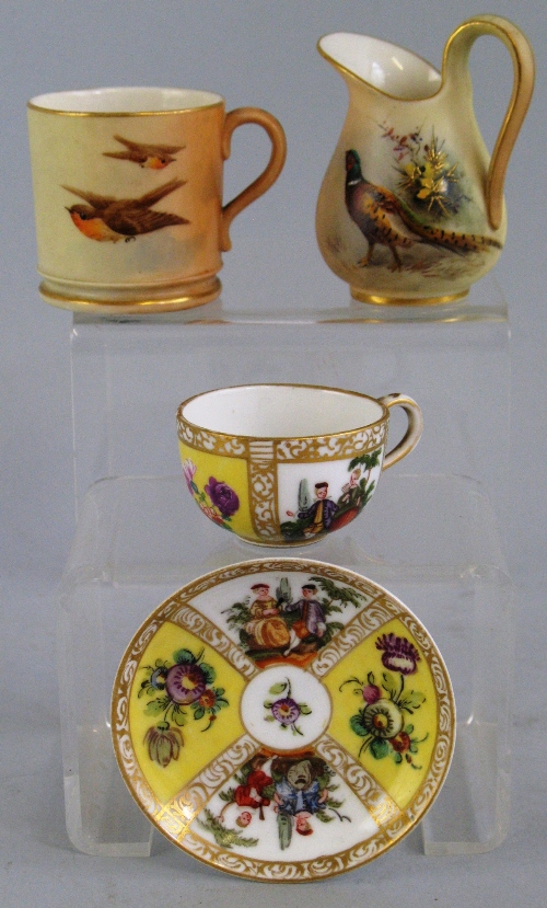 A Royal Worcester cabinet mug, painted with birds in flight on a blush ground, date code for 1904,