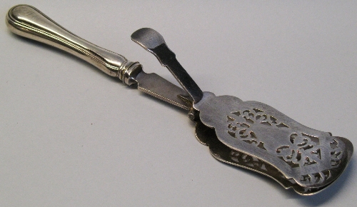 A Canadian sterling silver handled pair of asparagus servers, the waisted handle with thumb operated