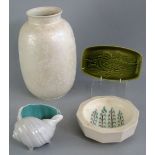 Four pieces of Poole Pottery, comprising large ovoid vase with mottled iridescent cream glaze,