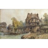 20th century Continental School, large study of a continental riverside scene with half timbered