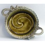 Walter Keeler,  a salt glazed dish of oval two handled form with mottled grey/green finish,