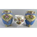 A continental two handled jardiniere, painted with flowers and birds, 12cm, together with a  pair of