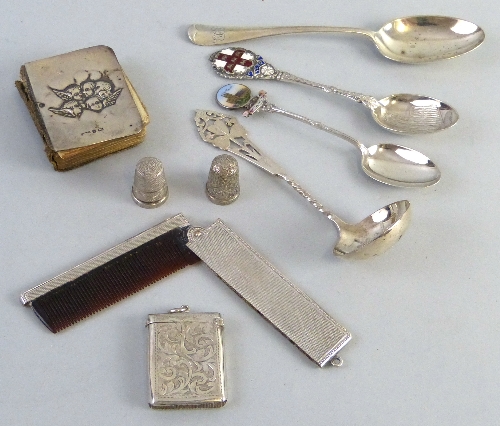 Small collectable items, comb, vesta case, two thimbles, prayer book and four spoons, various dates