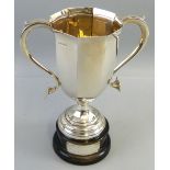 A tall two handled trophy cup, of octagonal shape with stepped pedestal foot, 22cm, (uninscribed and