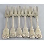 A matched set of six William IV table forks, crested fiddle and shell pattern, three London 1831