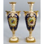 A pair of Royal Worcester vases, with ovoid blue ground bodies (painted with studies of fruit,