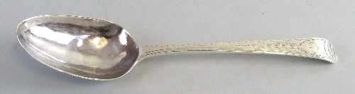 A George III tablespoon, Old English Pattern with bright cut haft and cartouche with initials,