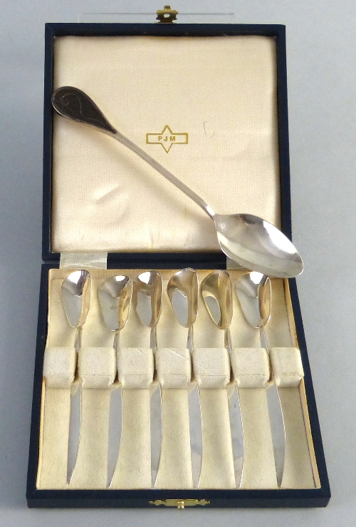 A set of six modernistic teaspoons by Philippa Merriman, cased, Sheffield 1991 and a Philippa