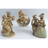 Hilary Brock, three stoneware groups comprising 18th century style man and woman walking, 20cm high,