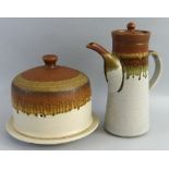 Chris Aston of Elkesley, stoneware cheese dish and dome with knob handle and trailing brown glaze,