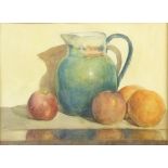 L.E.Holt (20th century), still life study of fruit and a jug on a shelf, signed watercolour, 18.