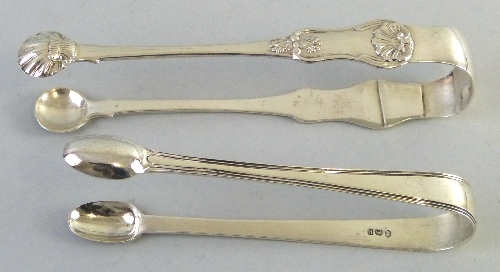 Two pairs of Georgian sugar tongs, William IV Scottish fiddle and shell pattern Glasgow 1830 and