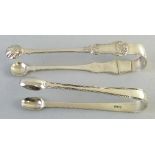 Two pairs of Georgian sugar tongs, William IV Scottish fiddle and shell pattern Glasgow 1830 and