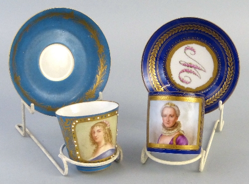 A Sevres cabinet coffee can and saucer, the cup painted with a gilt bordered square portrait "De