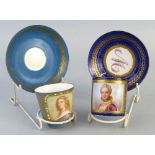 A Sevres cabinet coffee can and saucer, the cup painted with a gilt bordered square portrait "De