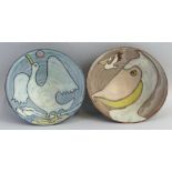 Tessa Fuchs, two earthenware bowls, one painted with a pelican on a brown ground, the other with a