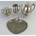 A Kayerzinn pewter three piece tea-set, comprising tea-pot, cream jug and lidded sugar bowl each