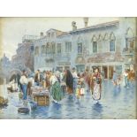 Parini (19th century), Continental street market with figures and traders, signed watercolour,