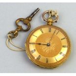 A Victorian fob watch, the key wind movement with gilded dial chased with flowers having Roman