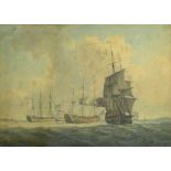 Attrib. Samuel Atkins (c1787-1808), "Men O War at Anchor", some in full sail on a choppy sea,