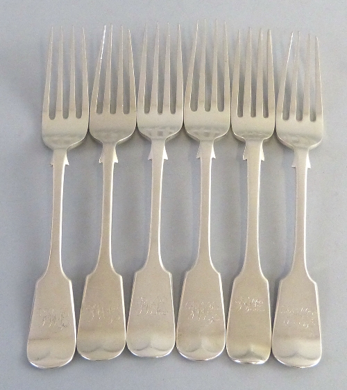 A matched set of six dessert forks,  fiddle pattern, monogrammed, one London 1855 Maker GA and