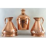 Two copper two-gallon harvest measures, 35cm high, and a large copper flagon of haystack form with