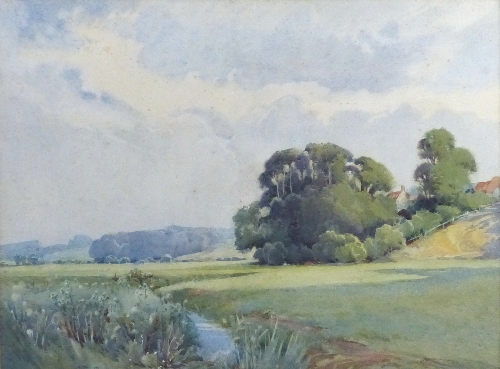 Robert Radcliffe Carter (b1867), rural landscape with bullrushes and a meandering stream and a clump