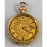 A fob watch, the top wind movement with gilded dial chased with flowers having Roman numerals in