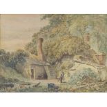 J Wild (20th century), old rural cottage with a figure and a pig in the foreground, signed